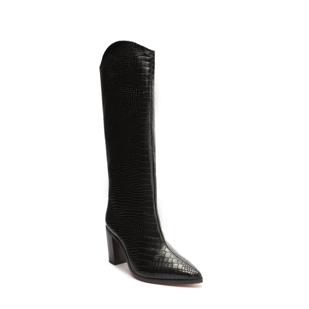 Schutz Maryana Block Boot Black Crocodile Embossed Leather